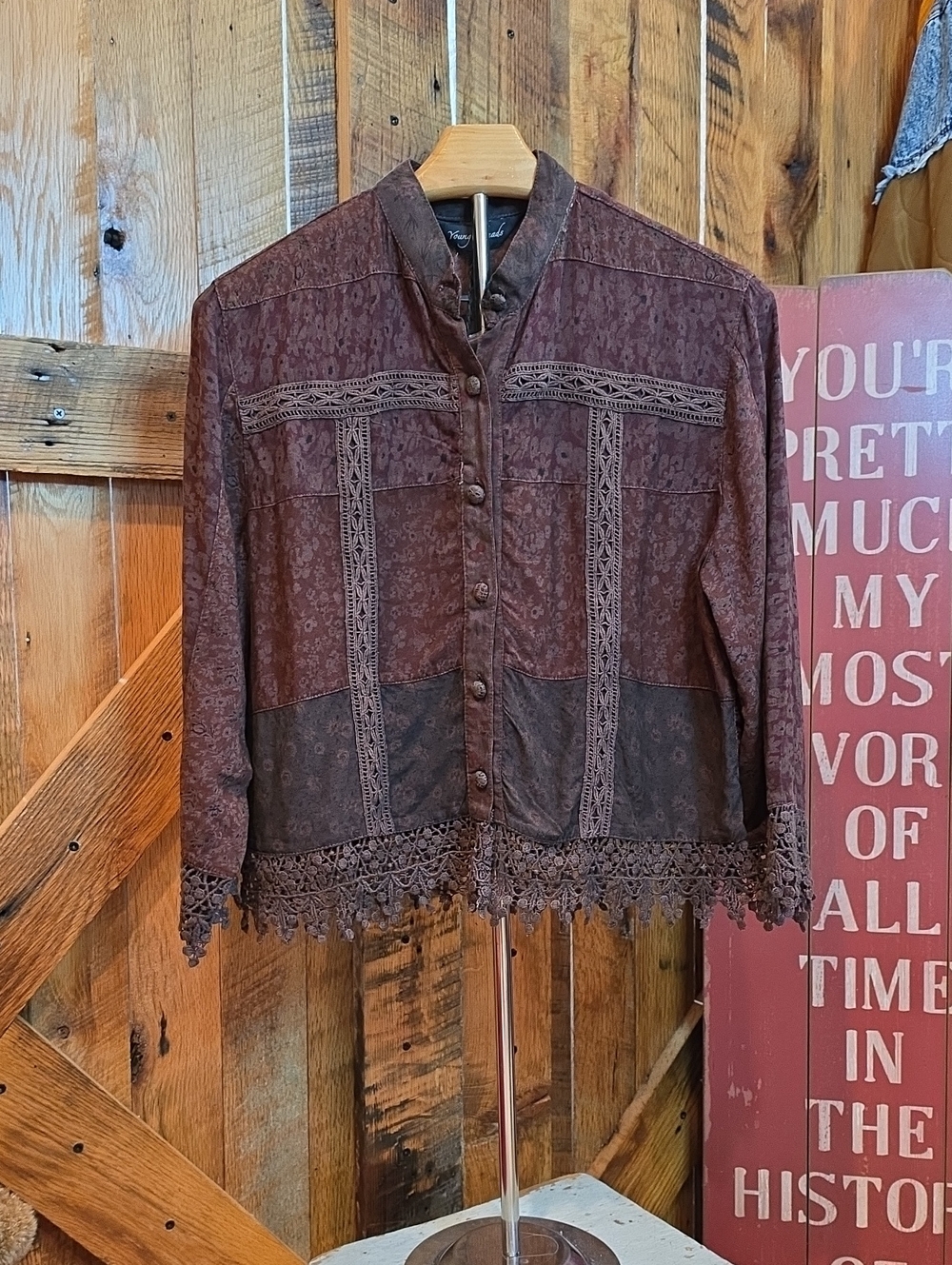 105p Young Threads Women's Brown Lace-Trim Button Front Jacket